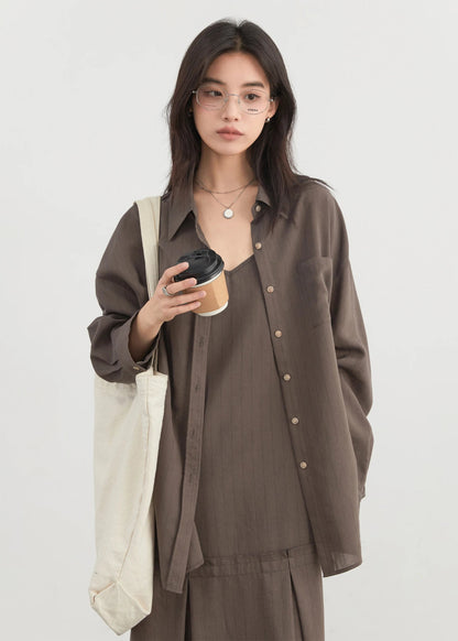 CHIC VEN Women Dress Sets Stripe Shirt Loose Casual Long Sleeve Sunscreen Blouses Camisole V-neck Dresses Spring Autumn 2025 Loran