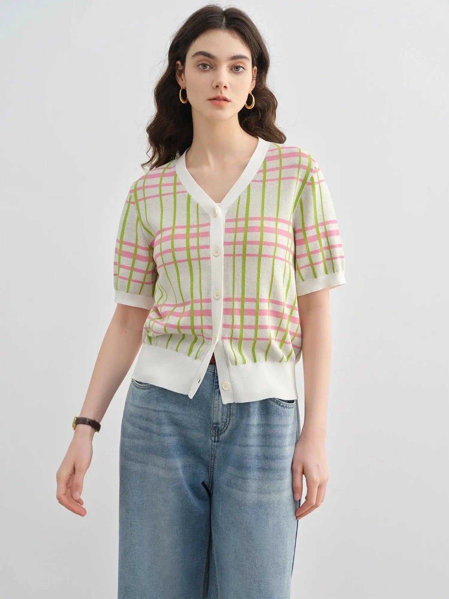 New Summer Plus Size Short-Sleeve Plaid Cardigan LORAN STORE