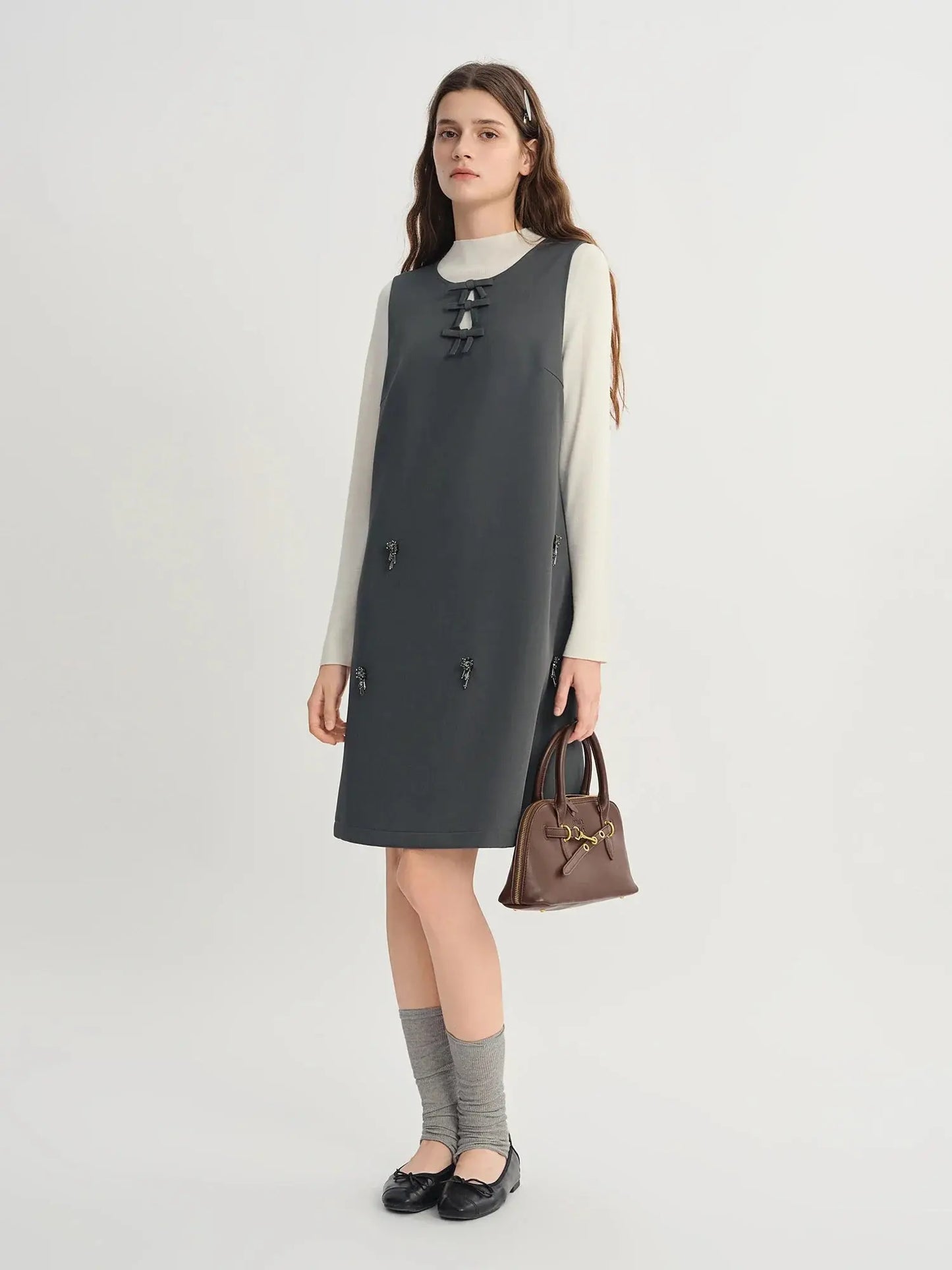 Embellished Beaded Tank Dress with Bow Accent for Fall - Loran
