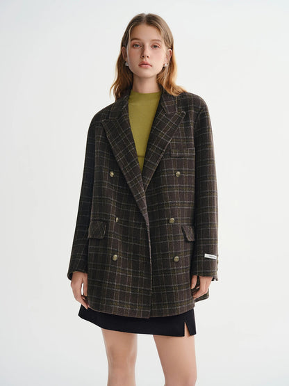 Plaid Camel Hair Wool Blazer Vintage British Style Coat Loran