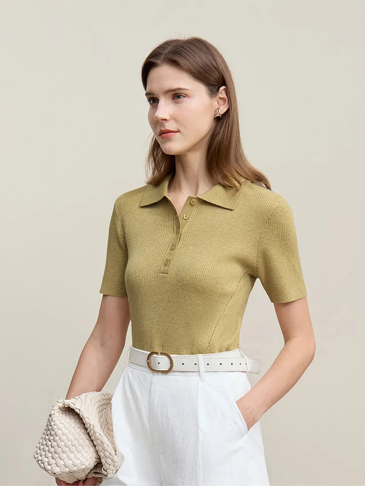 Amii Women's Sweater 2026 Spring New POLO Collar Half‑Placket Knitted Sweater Women's Short Sleeve Pullover Knitwear 12651020 Loran