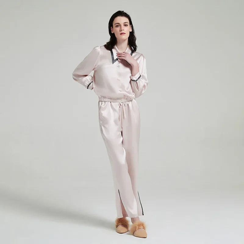 Contrast Silk Pajama Set Long-Sleeve Women's Sleepwear Loran