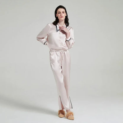 Contrast Silk Pajama Set Long-Sleeve Women's Sleepwear Loran
