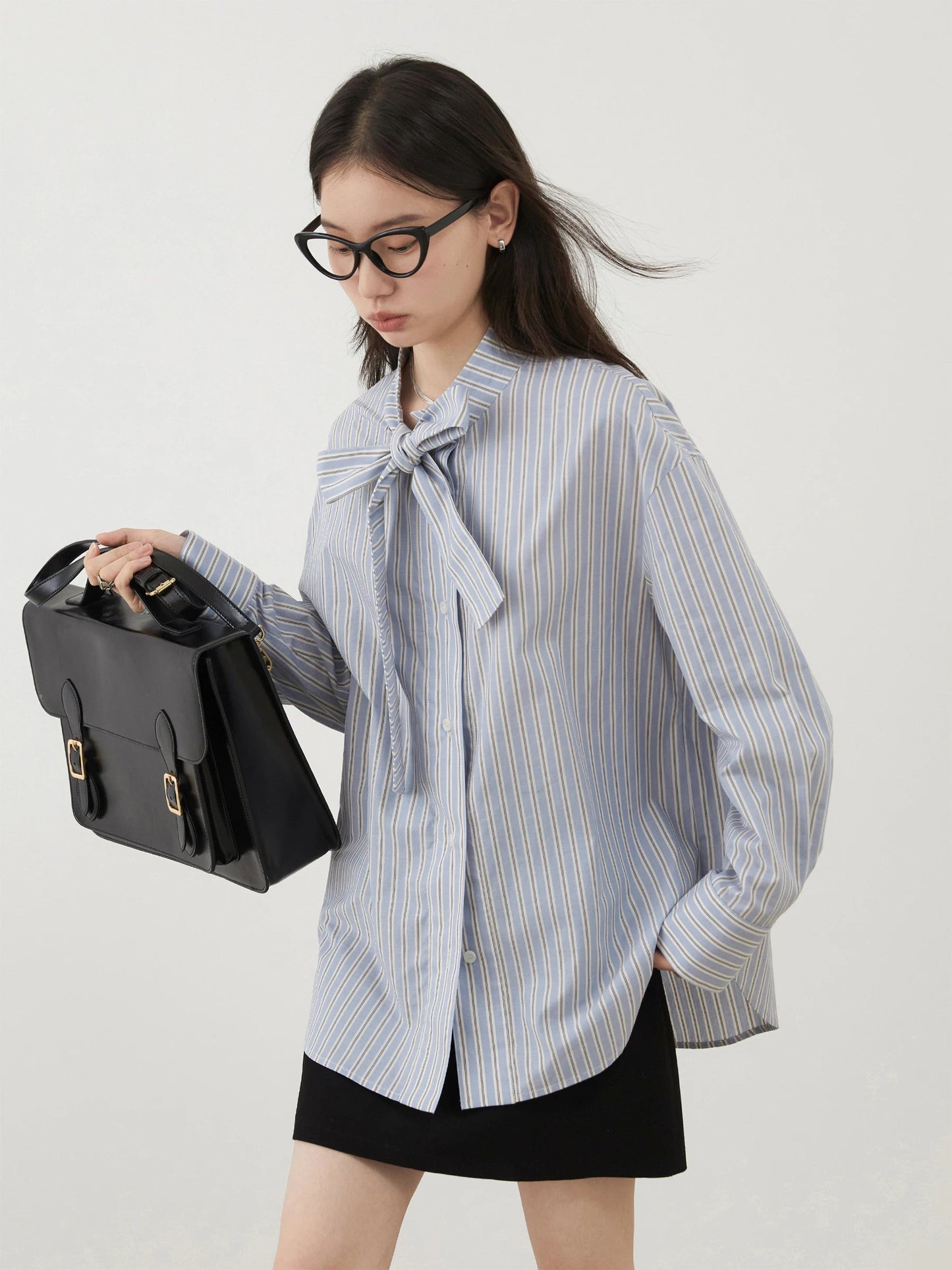 Blue Striped Bow Tie Blouse Cotton Casual Shirt Loran