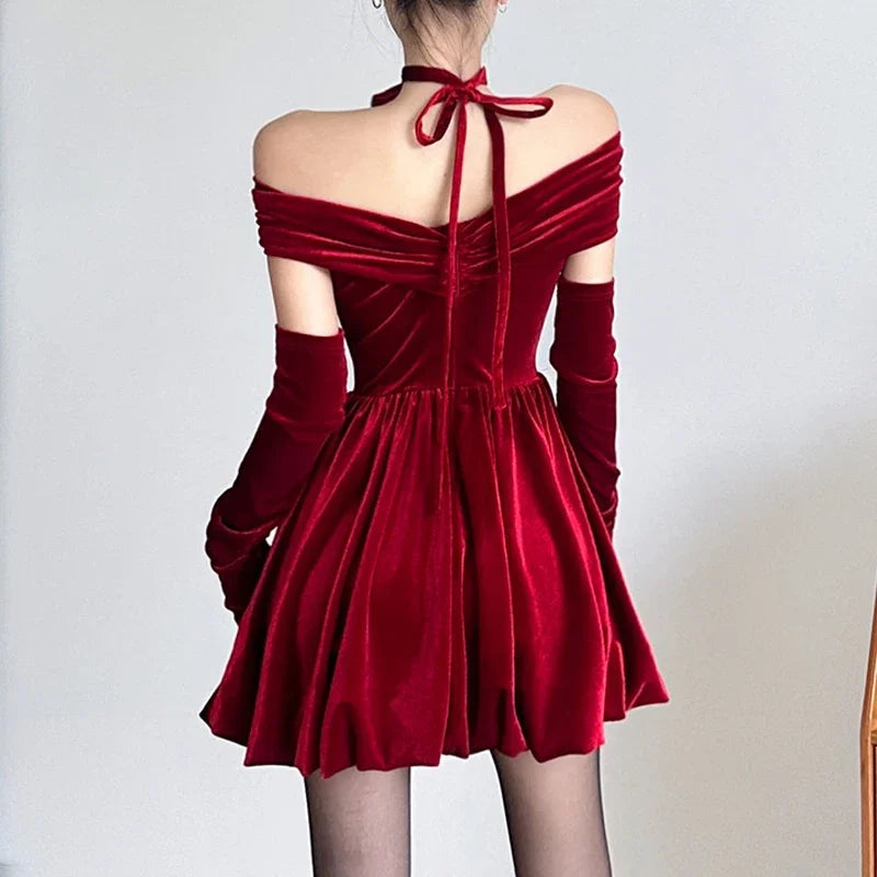 Elegant Velvet Party Dress with Off-Shoulder Ruched Detail