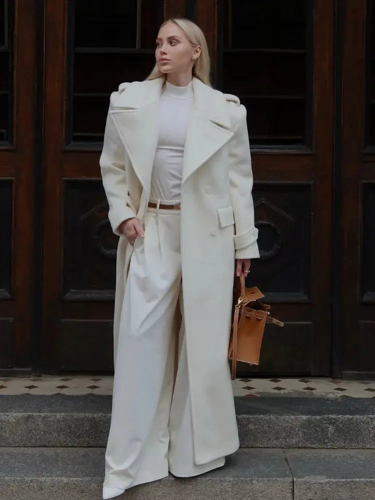 Chic Double-Breasted Wool Coat with Lace-Up Detail - Loran