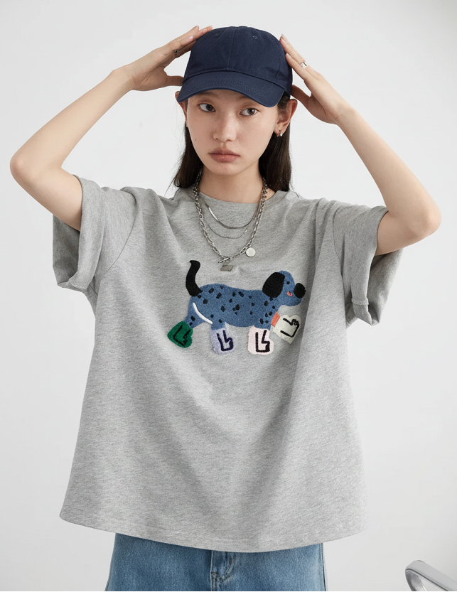 Dog Embroidered Cotton T-Shirt Loose Summer Streetwear Loran