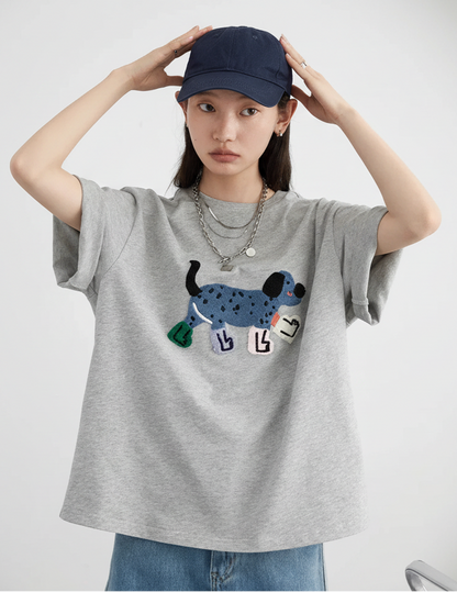 Dog Embroidered Cotton T-Shirt Loose Summer Streetwear Loran