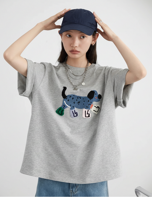 Dog Embroidered Cotton T-Shirt Loose Summer Streetwear Loran