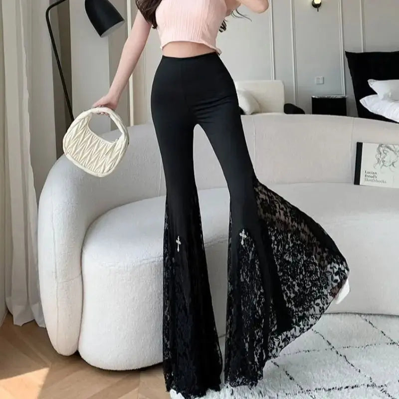 Gothic Black Lace Flare Pants - See-Through Mesh Trousers - Loran