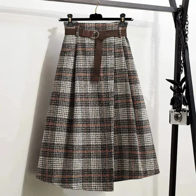 Irregular Hem Wool-Blend Plaid Midi Skirt - Loran