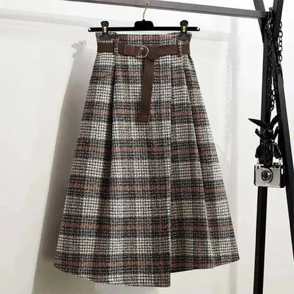 Irregular Hem Wool-Blend Plaid Midi Skirt - Loran