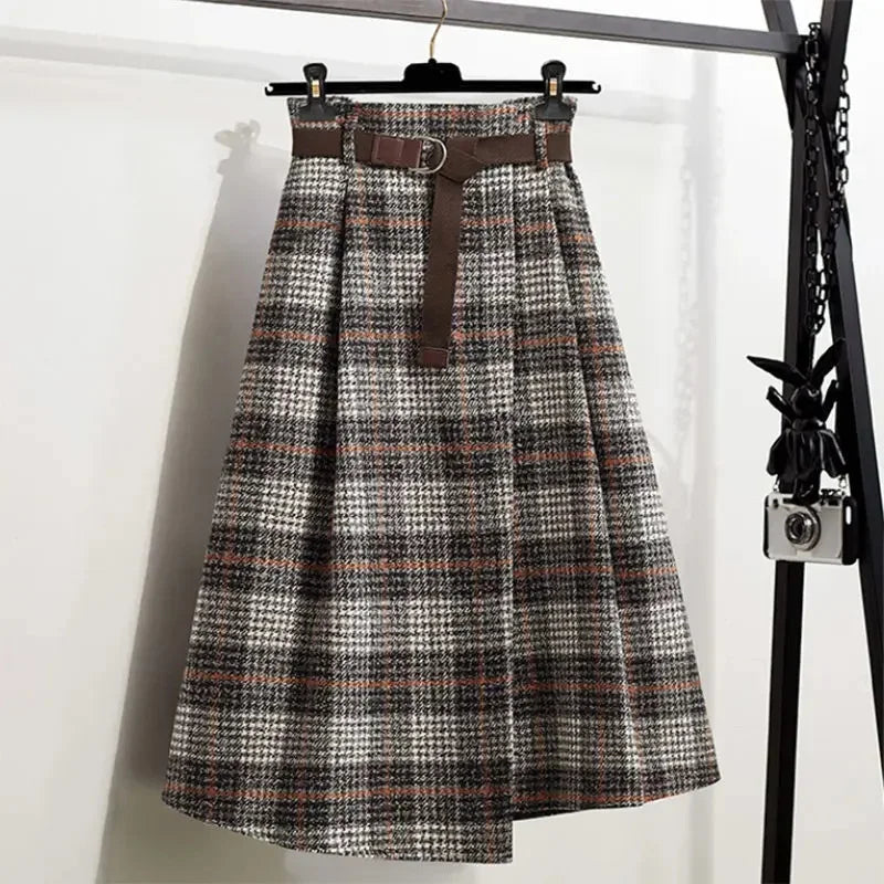 Irregular Hem Wool-Blend Plaid Midi Skirt