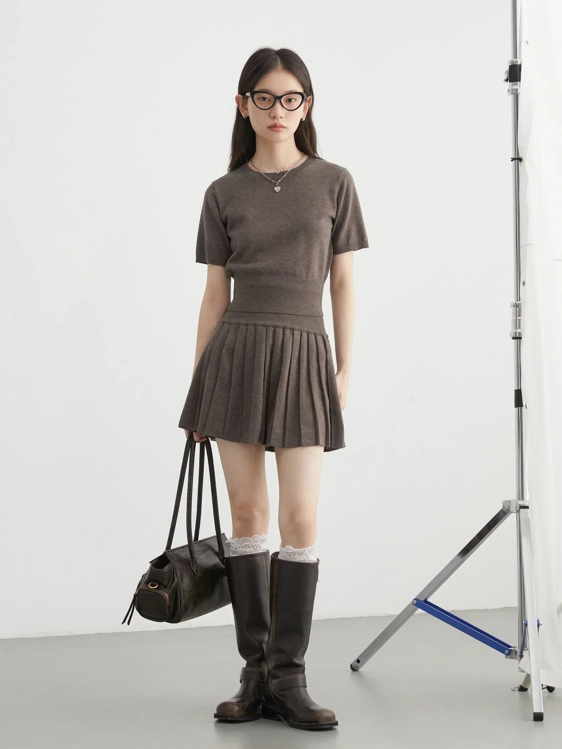 Women’s 3-Piece Knitted Skirt Set Pleated Cardigan Outfit Loran