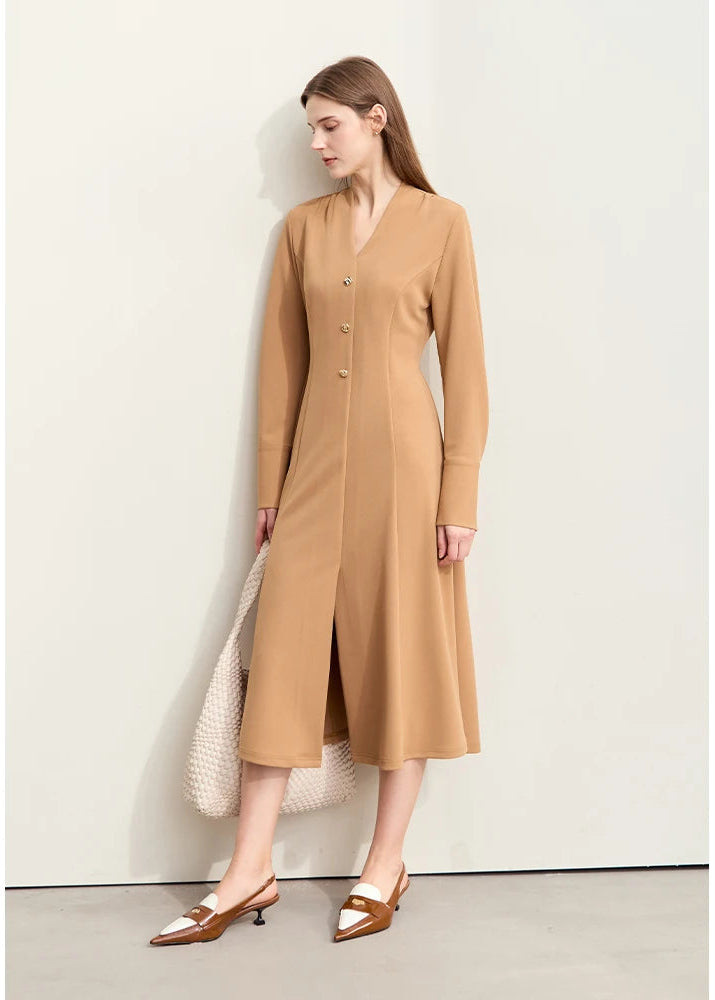 Amii Minimalism 2025 Women Dresses Autumn New Elegant V-neck Buckle Waist Fashion Office Lady Slim Long Dress Female 12443046 Loran