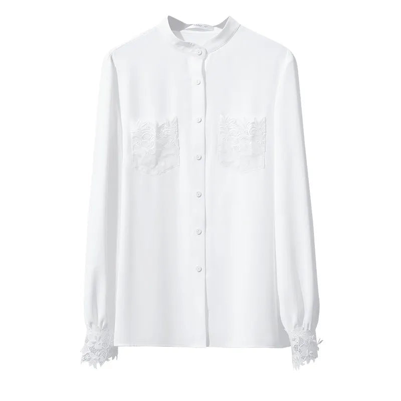 Amii Women's Blouse 2026 Spring New Elegant Commuter Stand-up Collar Chiffon Shirt Lace Pocket Women's Solid Loose Top 12641124 Loran
