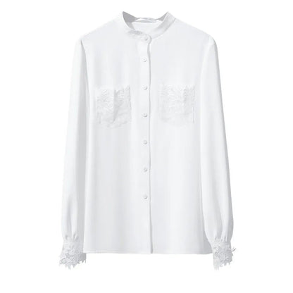 Amii Women's Blouse 2026 Spring New Elegant Commuter Stand-up Collar Chiffon Shirt Lace Pocket Women's Solid Loose Top 12641124 Loran