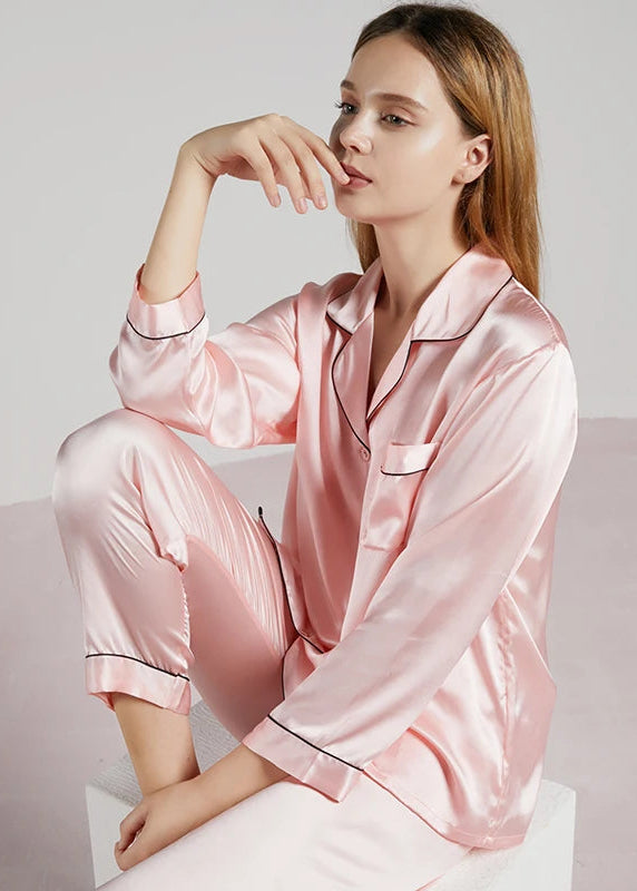 19MM 100% Mulberry Silk Pajamas Women Silk Sleepwear Lady Long-sleeved TrousersTwo-piece Spring Summer  Loose Sexy Home Clothes Loran