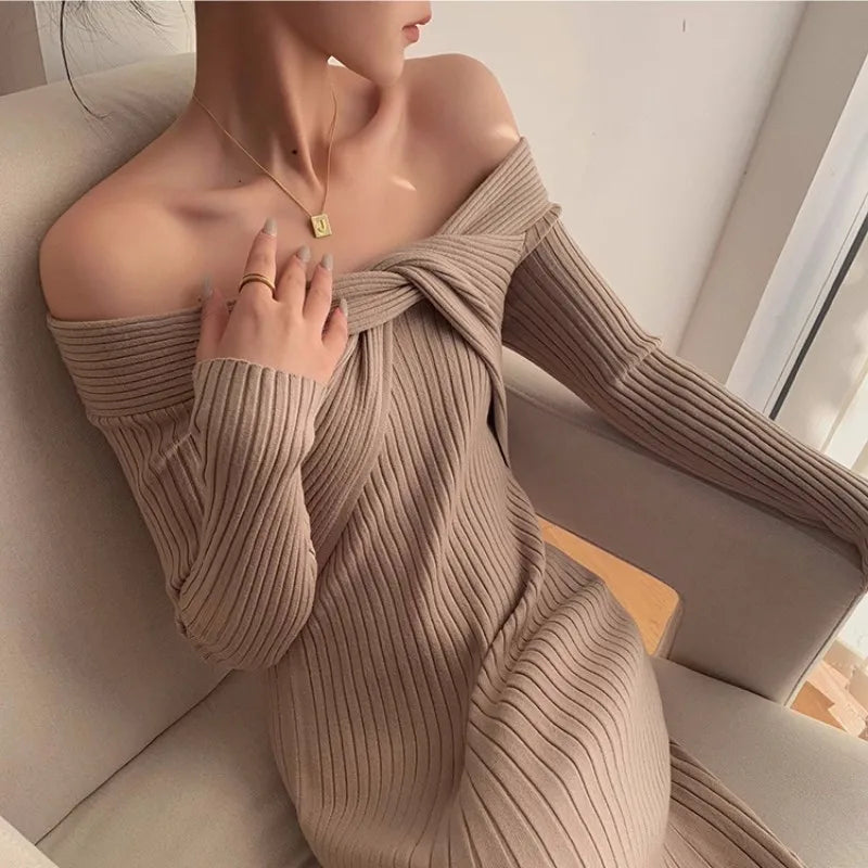 Elegant Off Shoulder Knitted Dress - 3IN SMART Shop  #