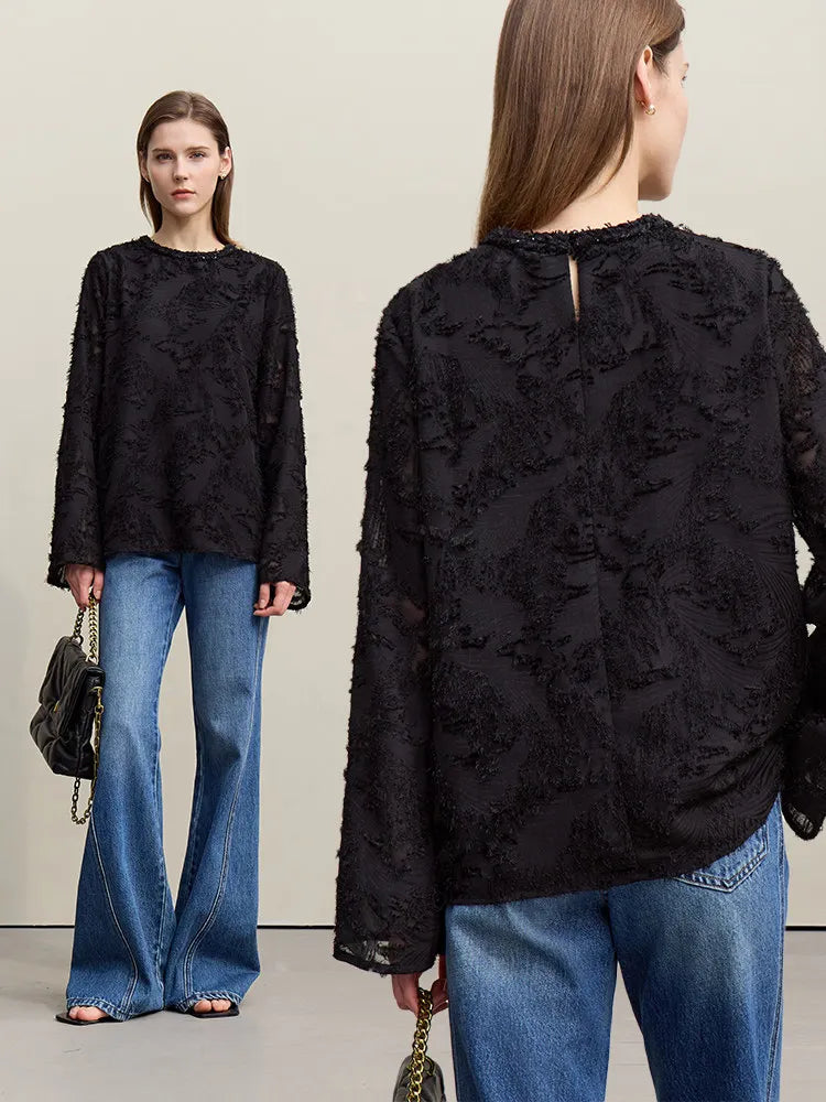 Amii Women's Blouse 2026 Spring New Round Neck Elegant Straight Chiffon Shirt Women's Commuter Long Sleeve Pullover Top 12611033 Loran
