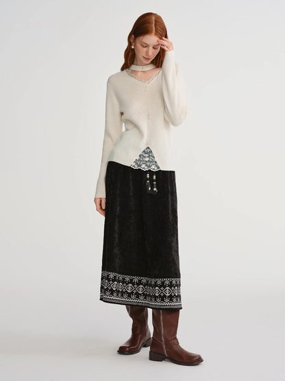 Plus Size Lace-Trimmed Mesh Knit Sweater Warm Wool Blend Loran