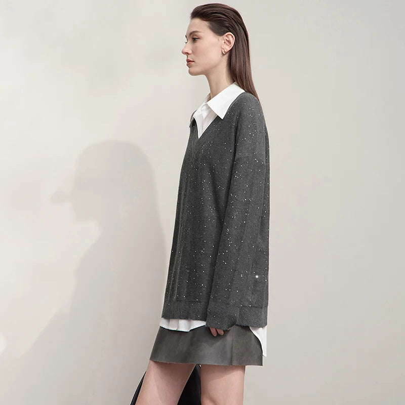 Casual, Solid Color V-Neck Loose Knit