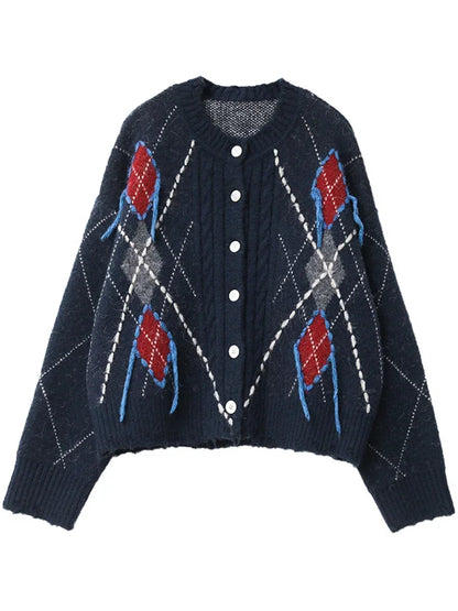 CHIC VEN Women's Knitted Cardigan Warm Loose Vintage Sweater Colorful Diamond Pattern Female Jumpers Autumn Winter Clothes 2024 Loran