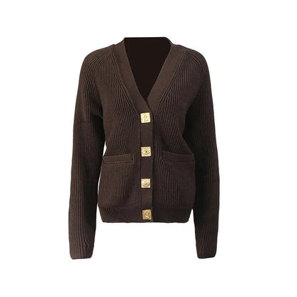 Elegant V-Neck Knitted Sweater Coat for Autumn & Winter