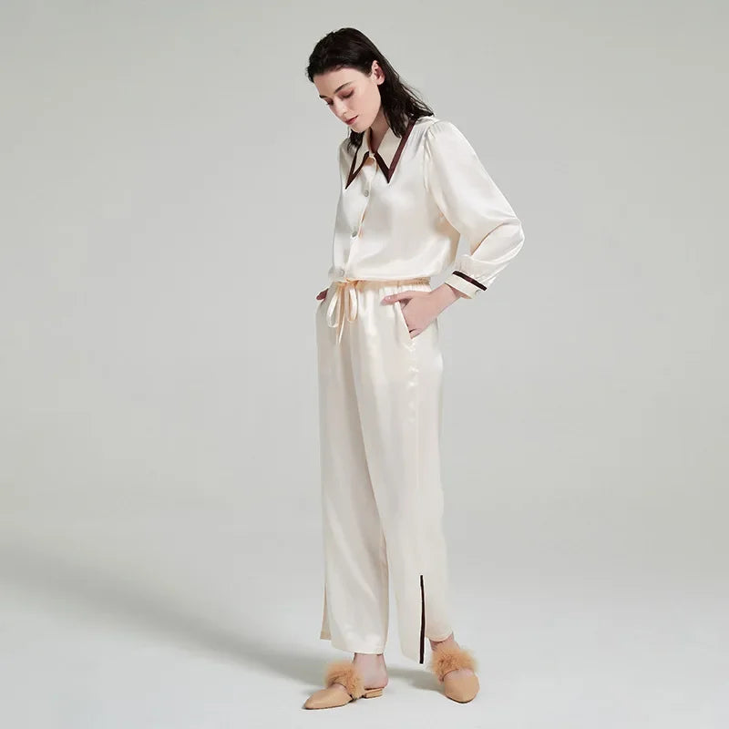Contrast Silk Pajama Set Long-Sleeve Women's Sleepwear Loran