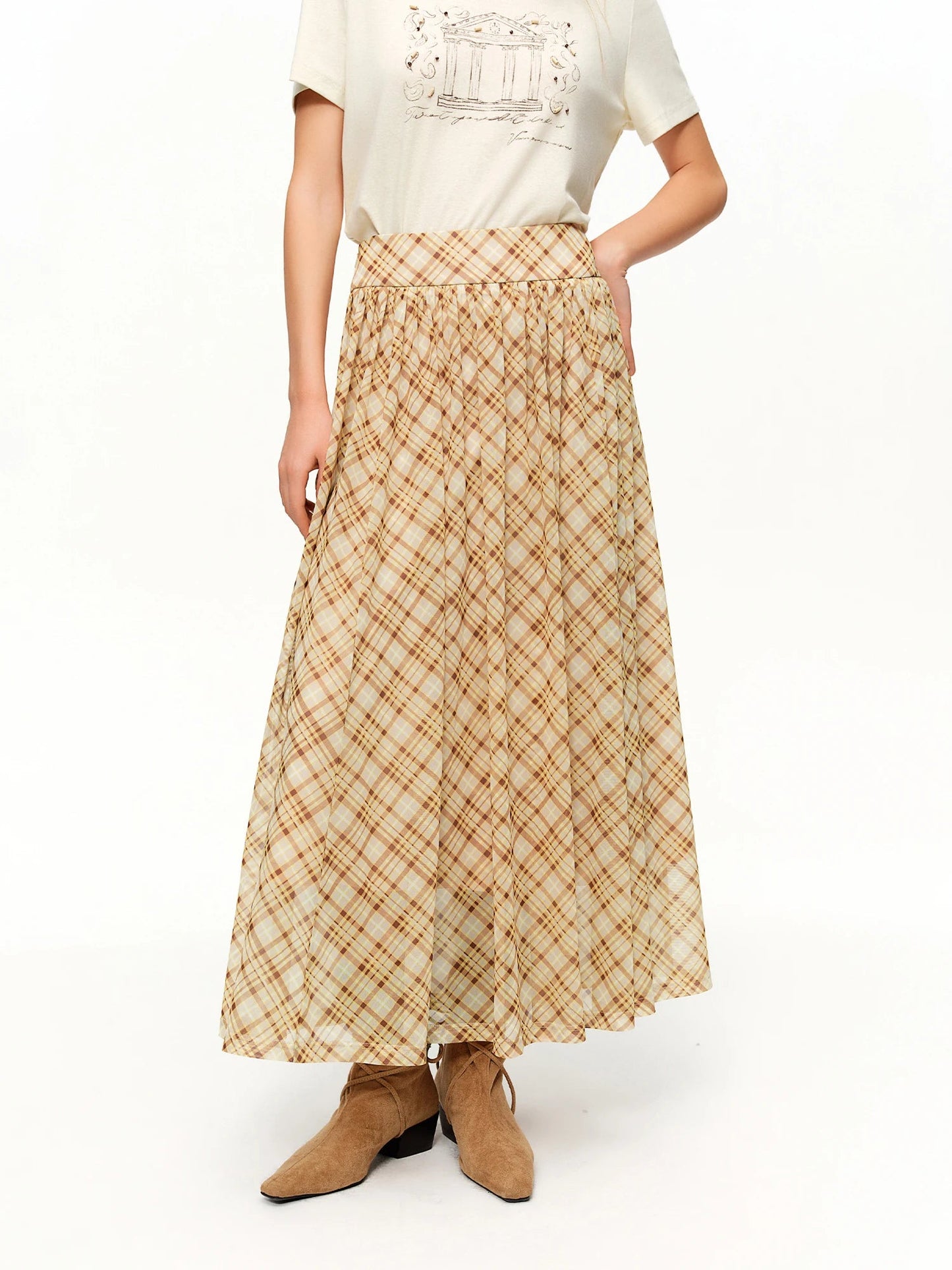 DUSHU Brown Retro Plaid Mesh Midi Skirt 2026 Spring New Arrival Fashionable Long A-line Skirt Romantic Holiday Urban Style Loran