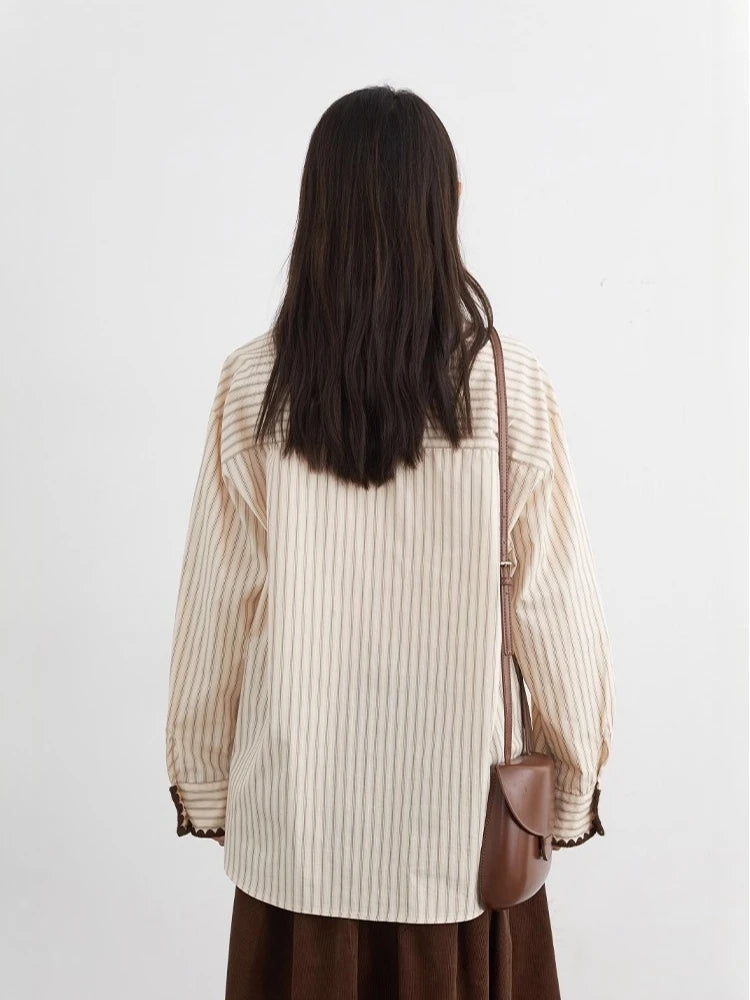 Women’s Striped Long Sleeve Blouse Loose Cotton Shirt Loran