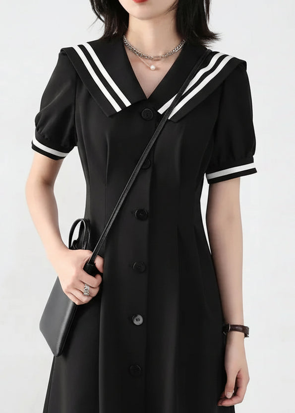 CHIC VEN Korean Women Dresses Black Short Sleeve Navy Collar Dress for Woman Office Lady Female Party College Summer 2025 Loran