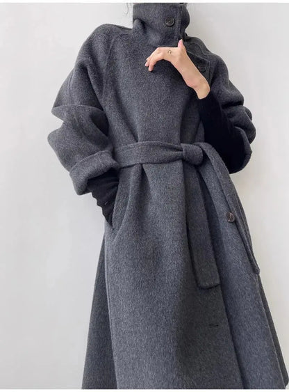 Chic Gray Standing Collar Double-Sided Wool Coat - Loran