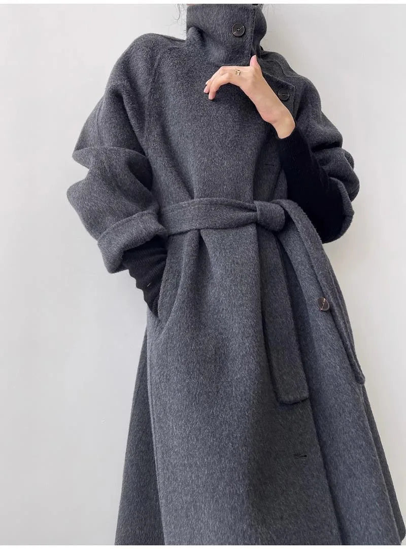 Chic Gray Standing Collar Double-Sided Wool Coat