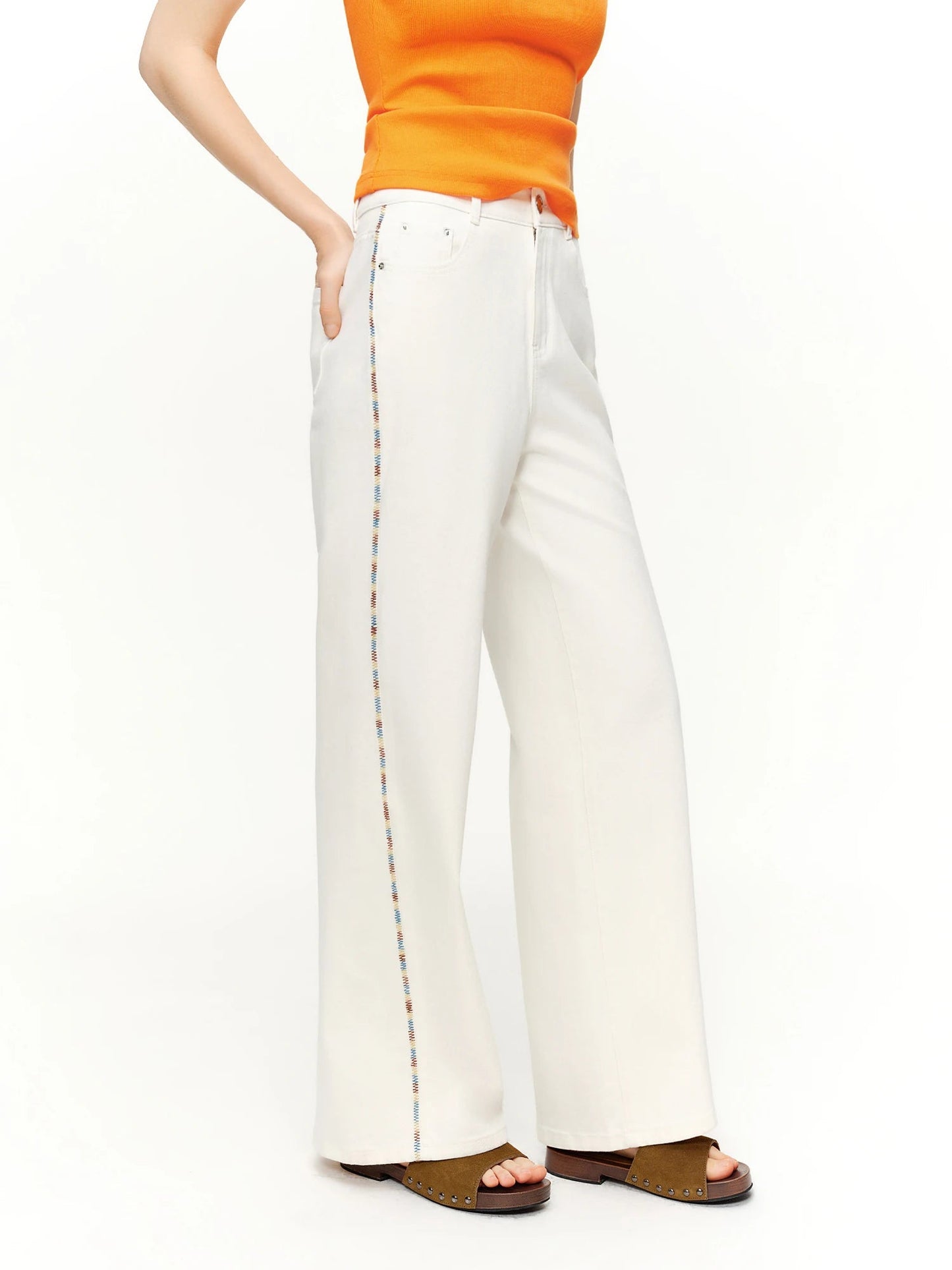 DUSHU 2026 Spring Women's Color Block Embroidered Straight Leg Jeans with Two Length Feature, Mix Match Patchwork Denim Pants Loran