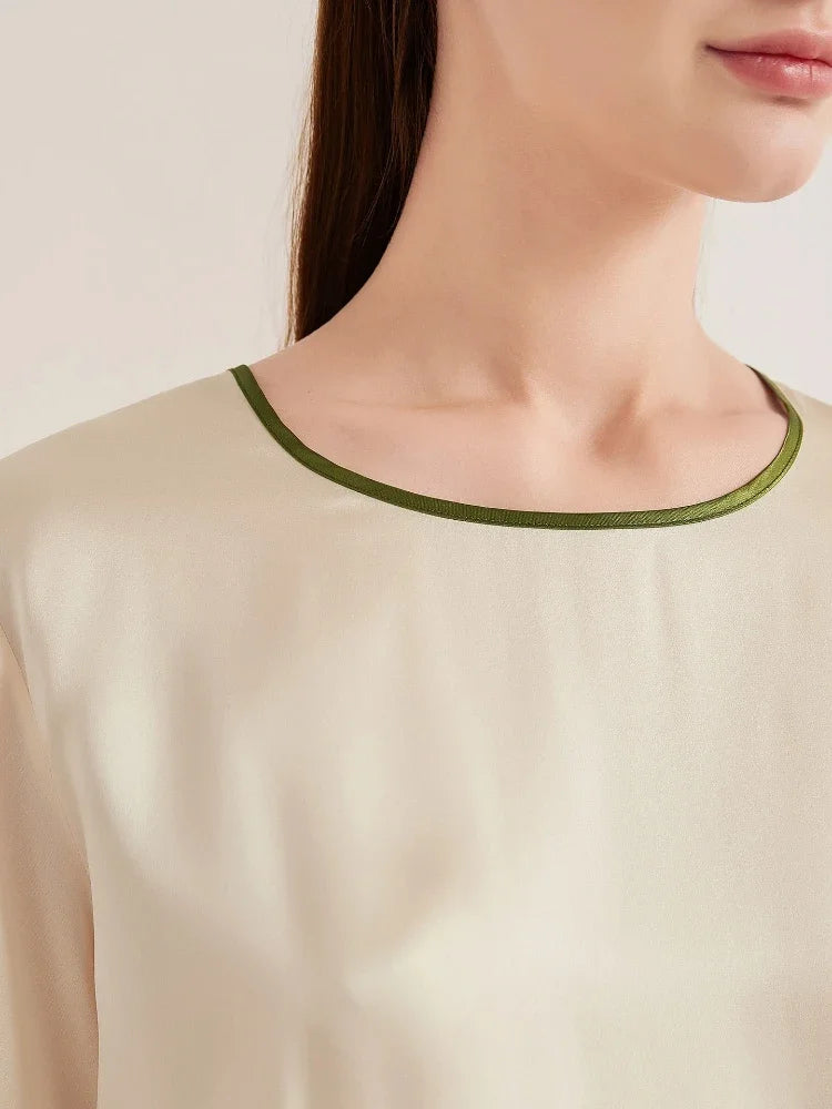 Heavy Mulberry Silk Short Sleeve Shorts 2-Piece Pajama Set Contrast Color Round Neck Women's Leisure Sleepwear PJ Summer Pajamas Loran