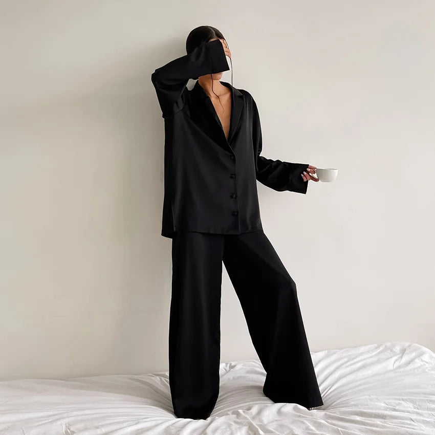 Oversized Satin Silk Pajama Set: Long Sleeve & Wide Leg Pants