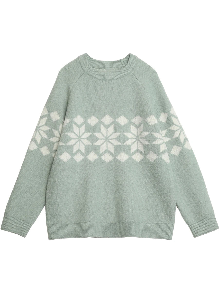 Snowflake Round Neck Knitted Pullover - Winter Jumper Loran