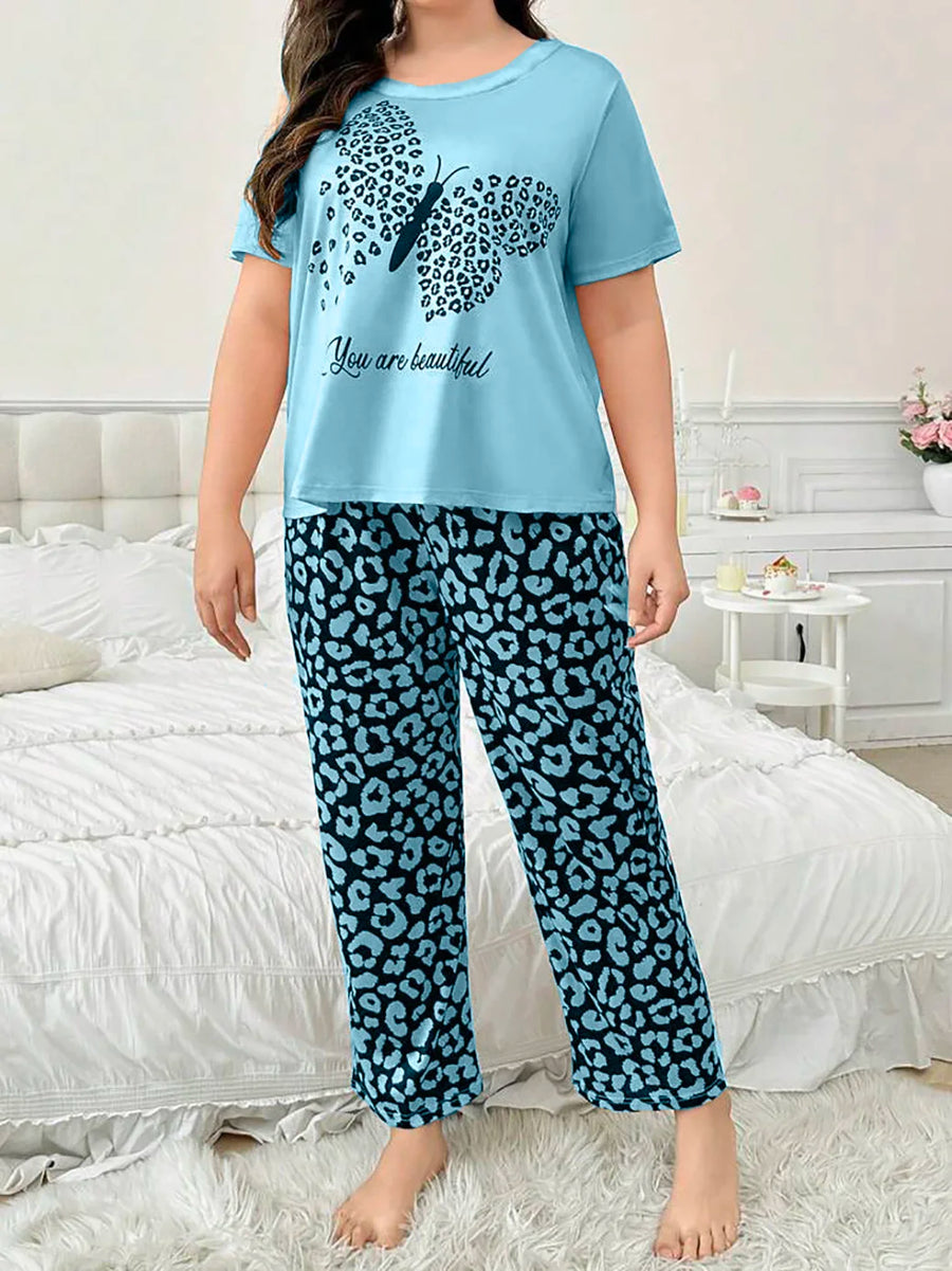 Plus size short-sleeved crew neck set pajamas