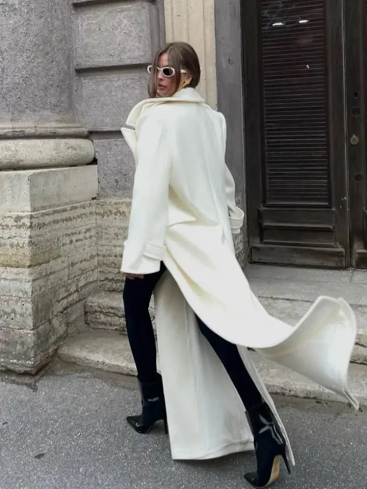 Chic Double-Breasted Wool Coat with Lace-Up Detail - Loran
