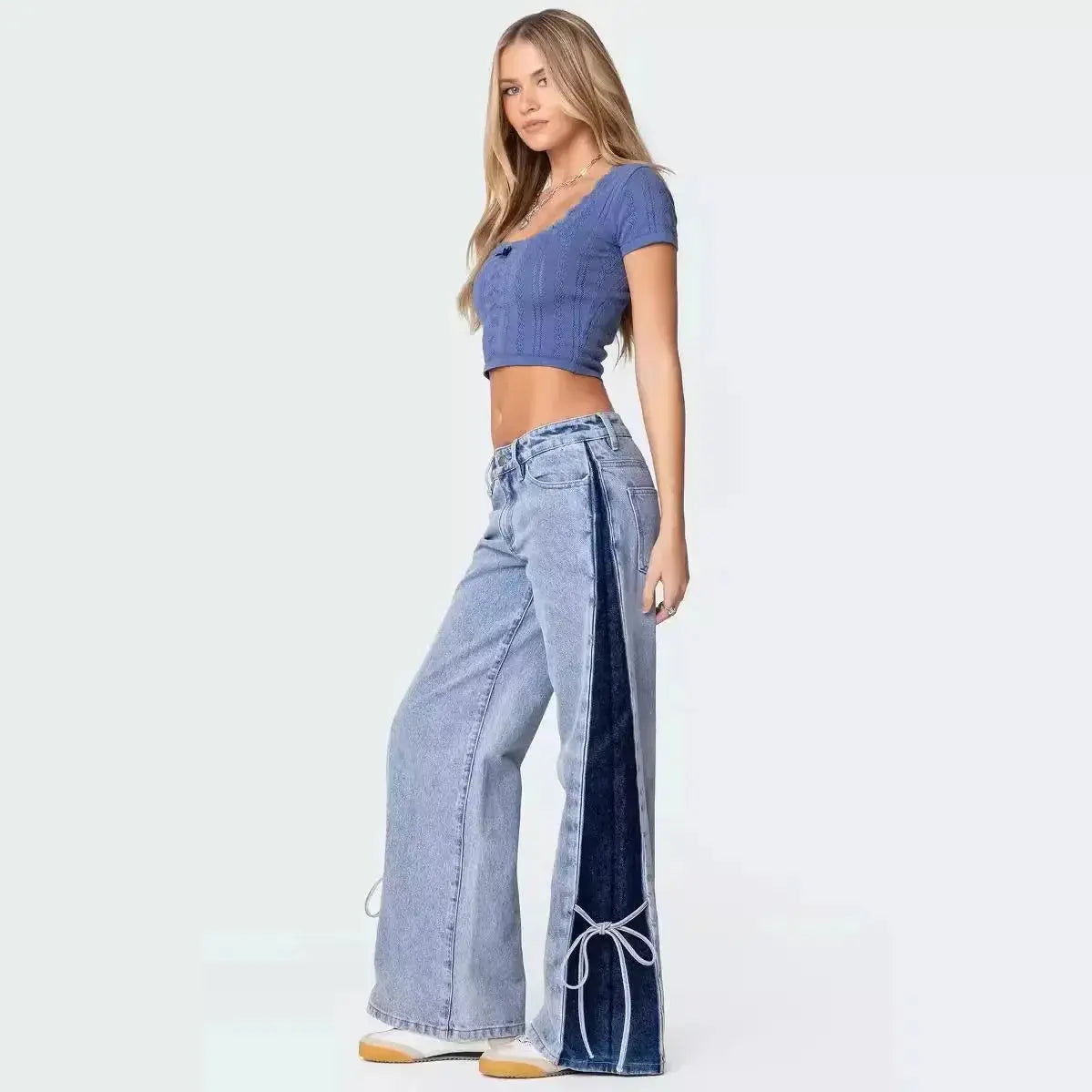 Patchwork Lace-Up Wide-Leg Trousers - Loran