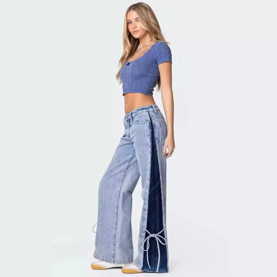 Patchwork Lace-Up Wide-Leg Trousers