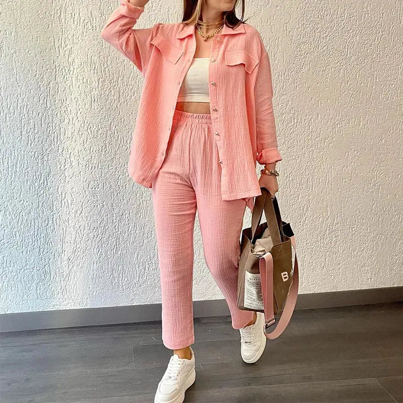 Casual Loose Shirt & Cropped Pants Set for Women - Loran
