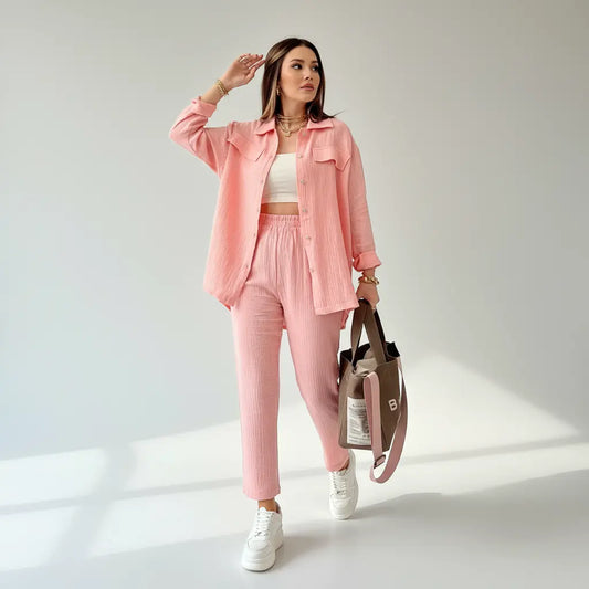 Casual Loose Shirt & Cropped Pants Set for Women - Loran