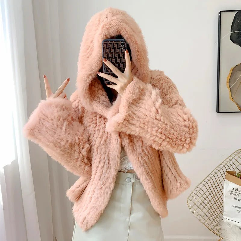 Luxurious Rabbit Fur Knit Hooded Coat