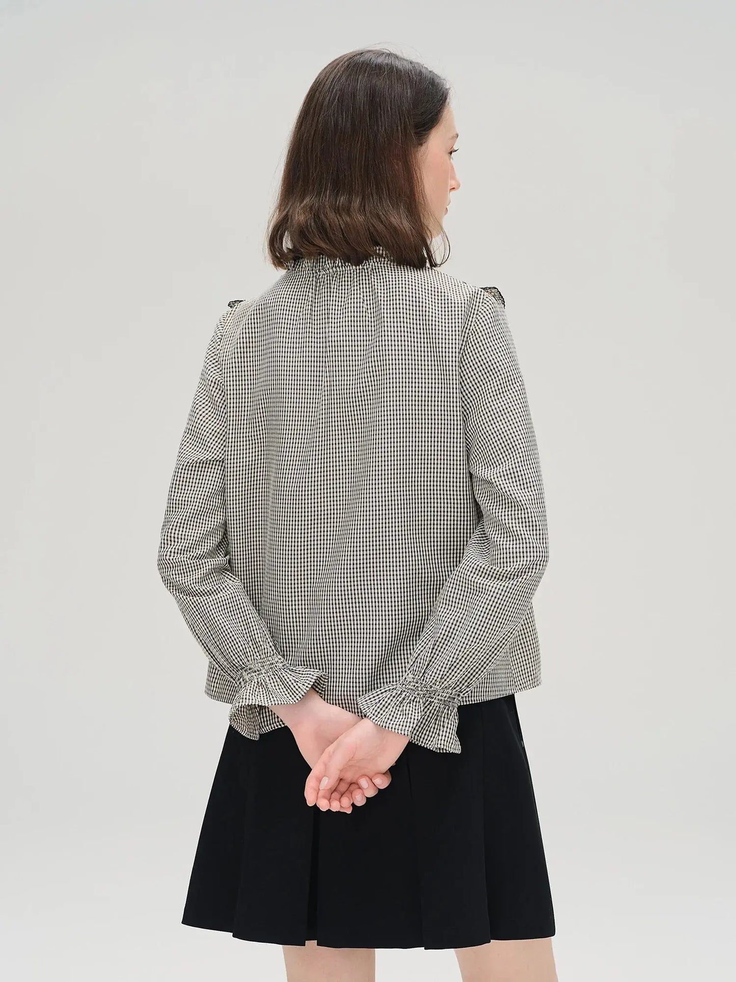 Sweet French Style Ruffled Plaid Shirt for Women - Loran