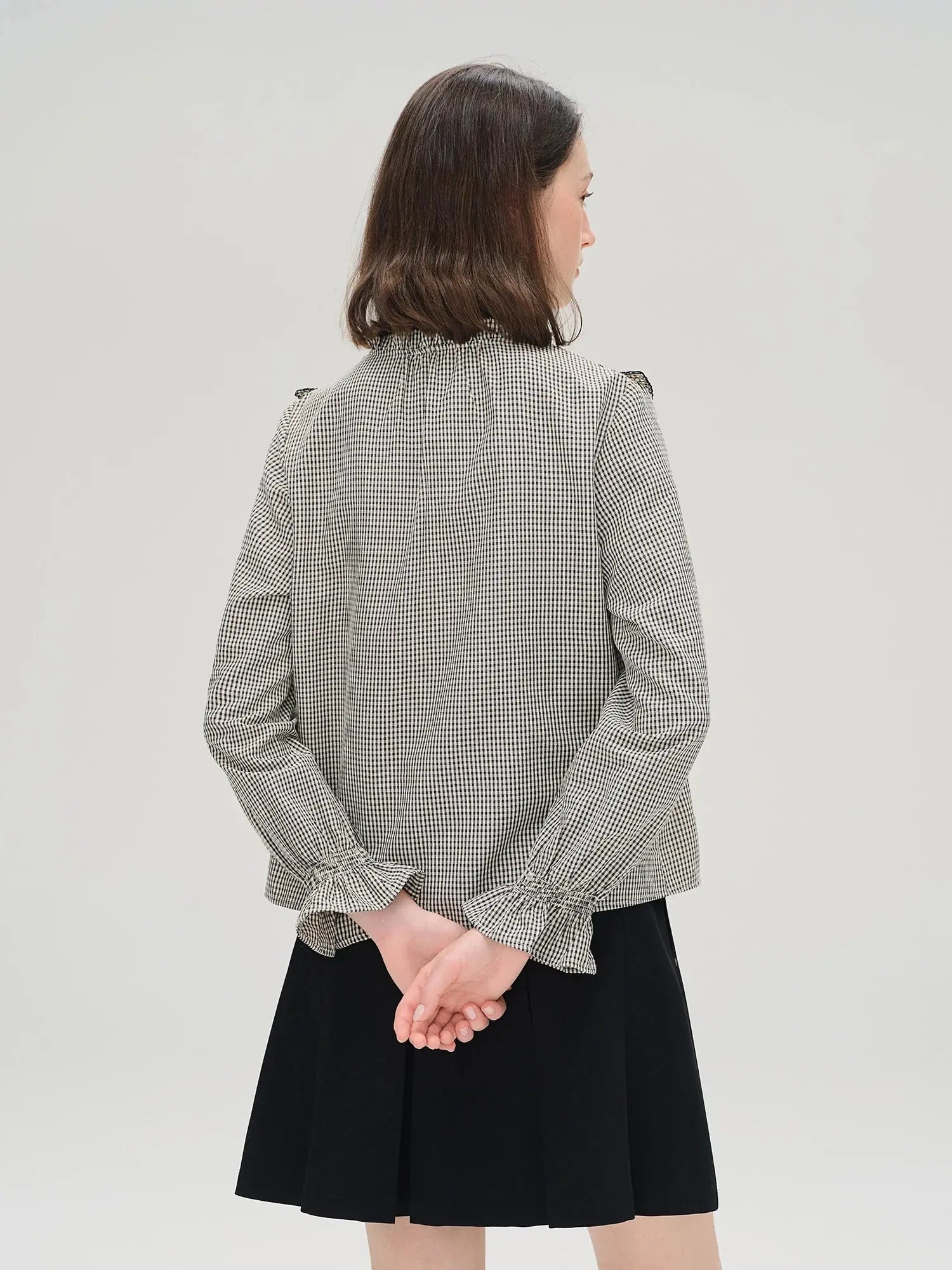 Sweet French Style Ruffled Plaid Shirt for Women - Loran