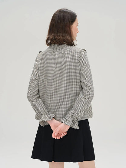 Sweet French Style Ruffled Plaid Shirt for Women - Loran