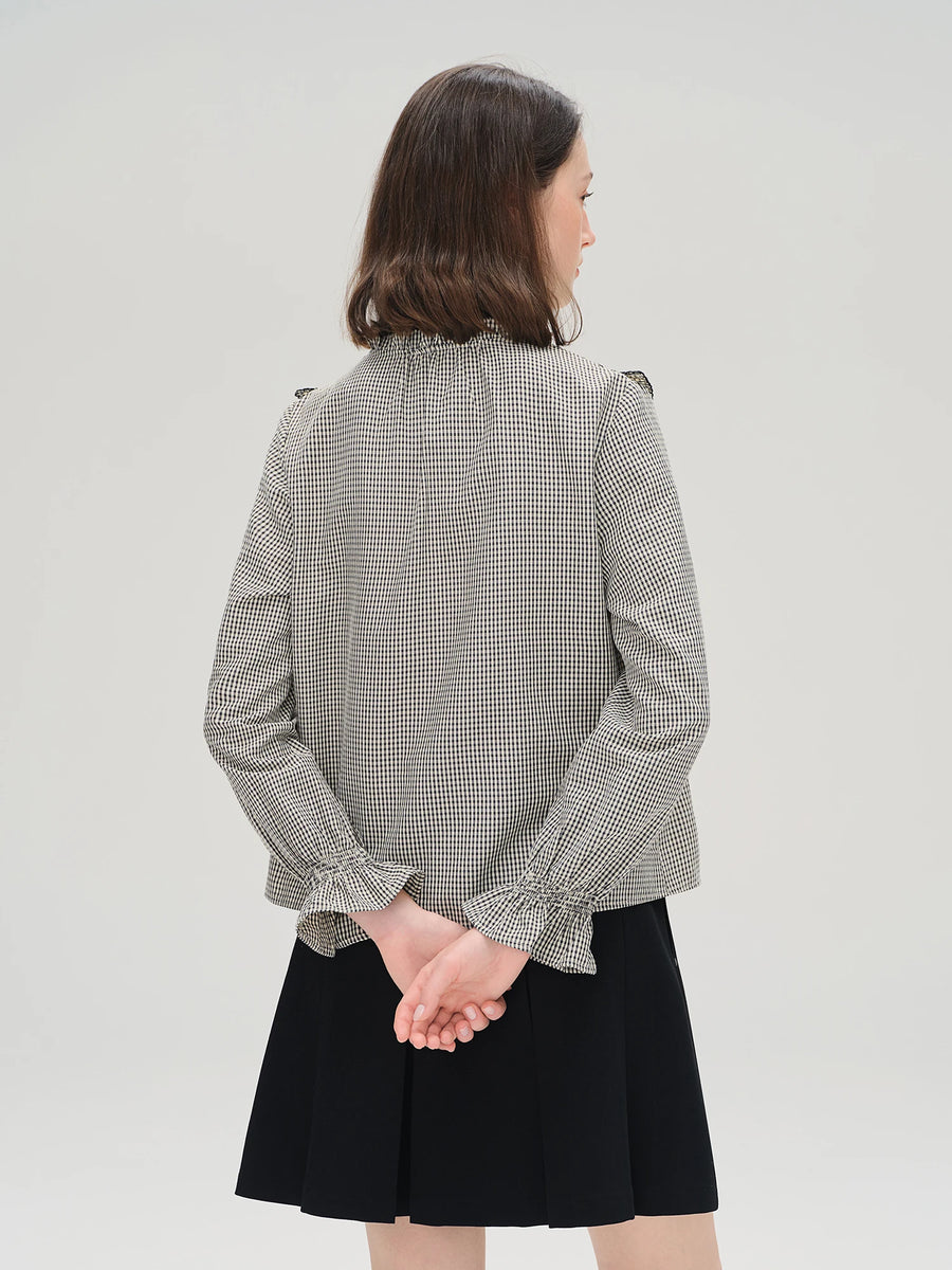 Sweet French Style Ruffled Plaid Shirt for Women