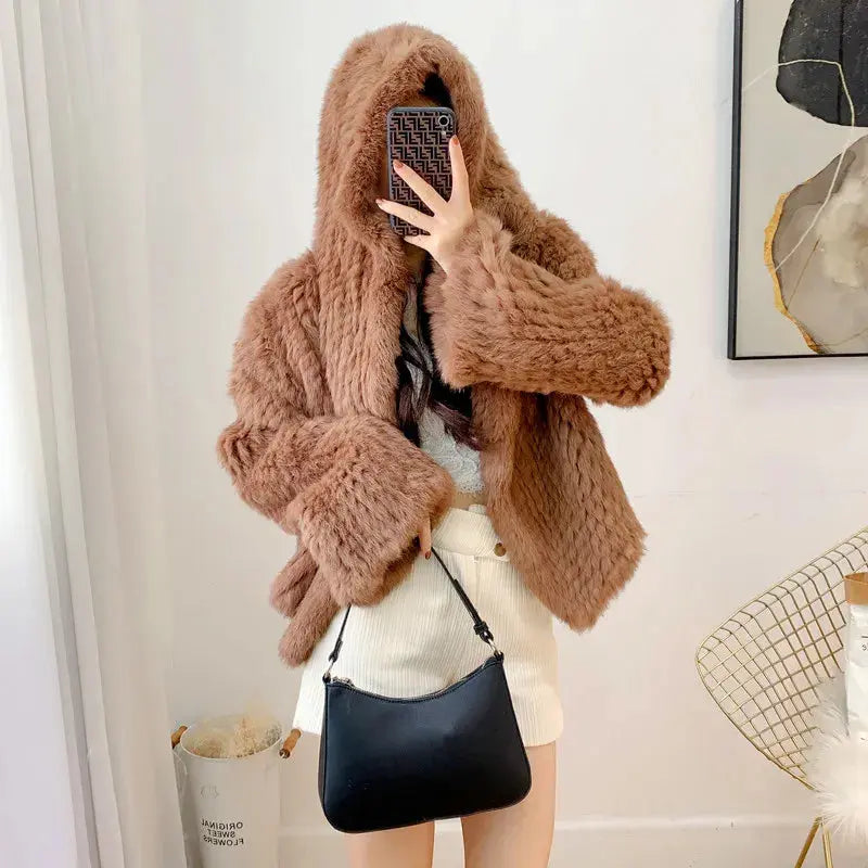 Luxurious Rabbit Fur Knit Hooded Coat - Loran